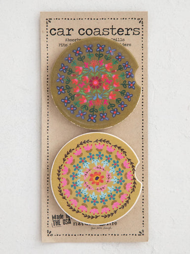 Never worry about spills or cupholder residue again with our Car Coasters. Made of super-absorbent stoneware, these coasters soak up annoying condensation and feature playful boho designs. Perfect for coffee to-go or your favorite cold beverage. An ideal gift for new drivers or friends with long commutes.  Details:  Car coasters soak up condensation Absorbent stoneware To Remove Stains, Soak Coaster In 1 Part Household Bleach And 3 Parts Water Until Stain Disappears, Rinse And Air Dry