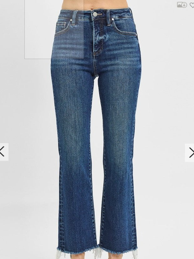 High Rise Crop Straight Raw Cut Hem Jeans - Dark
