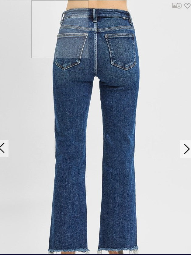 High Rise Crop Straight Raw Cut Hem Jeans - Dark