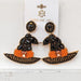 You will have so much fun wearing these beaded & jeweled "witch hat" earrings!  A great addition to your outfit to make it fun, and especially during the fall and Halloween season. These post earrings have a beaded round disc at the top, with a hat in black and orange beads/jewels! Too fun!