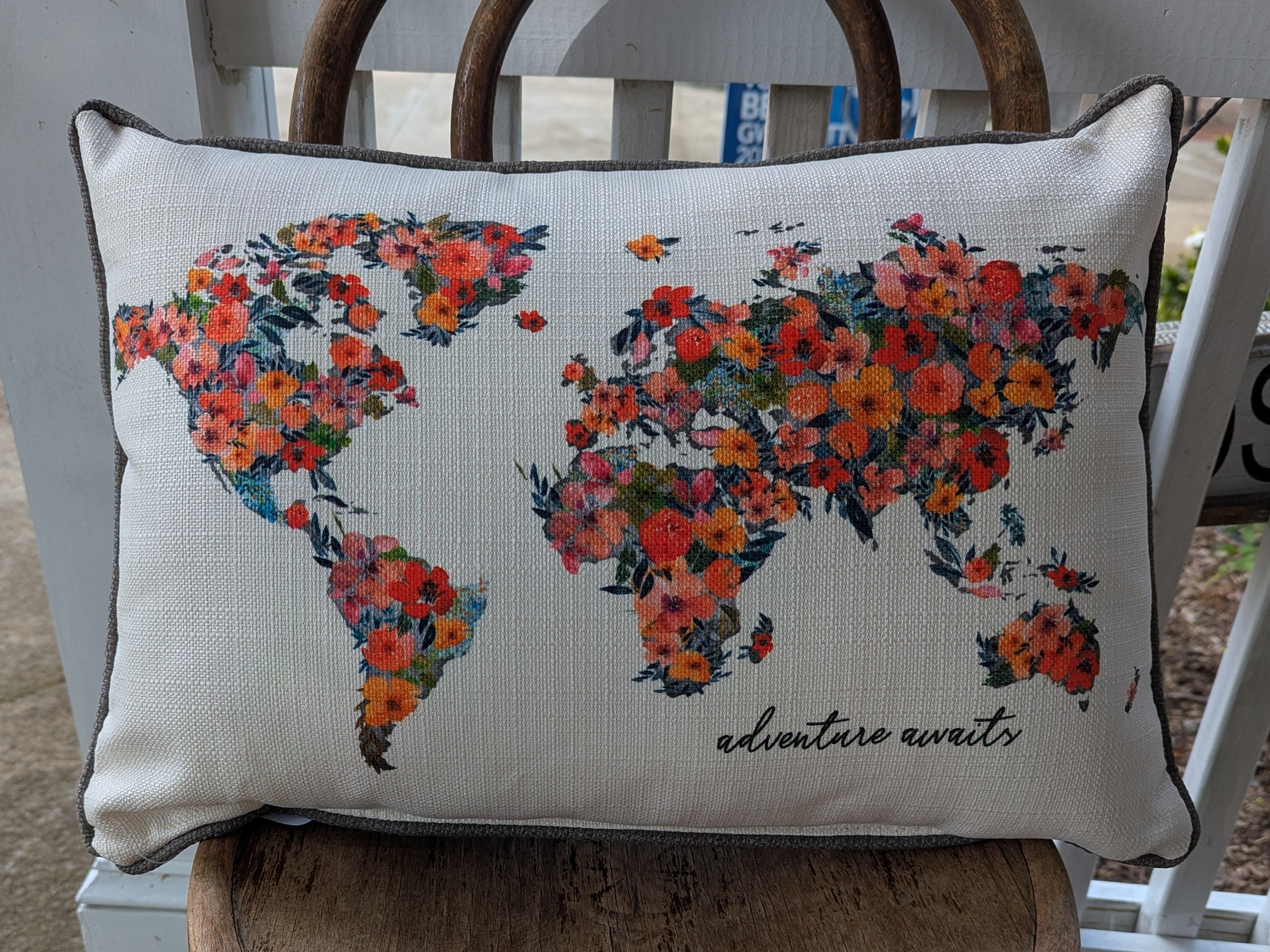 Transform your living space with our World Floral Pillow! Featuring a stunning floral and world design, it's perfect for adding a touch of adventure to your home. Made with washable material, this lumbar pillow offers both style and practicality.&nbsp;

Upgraded gray striped backing.