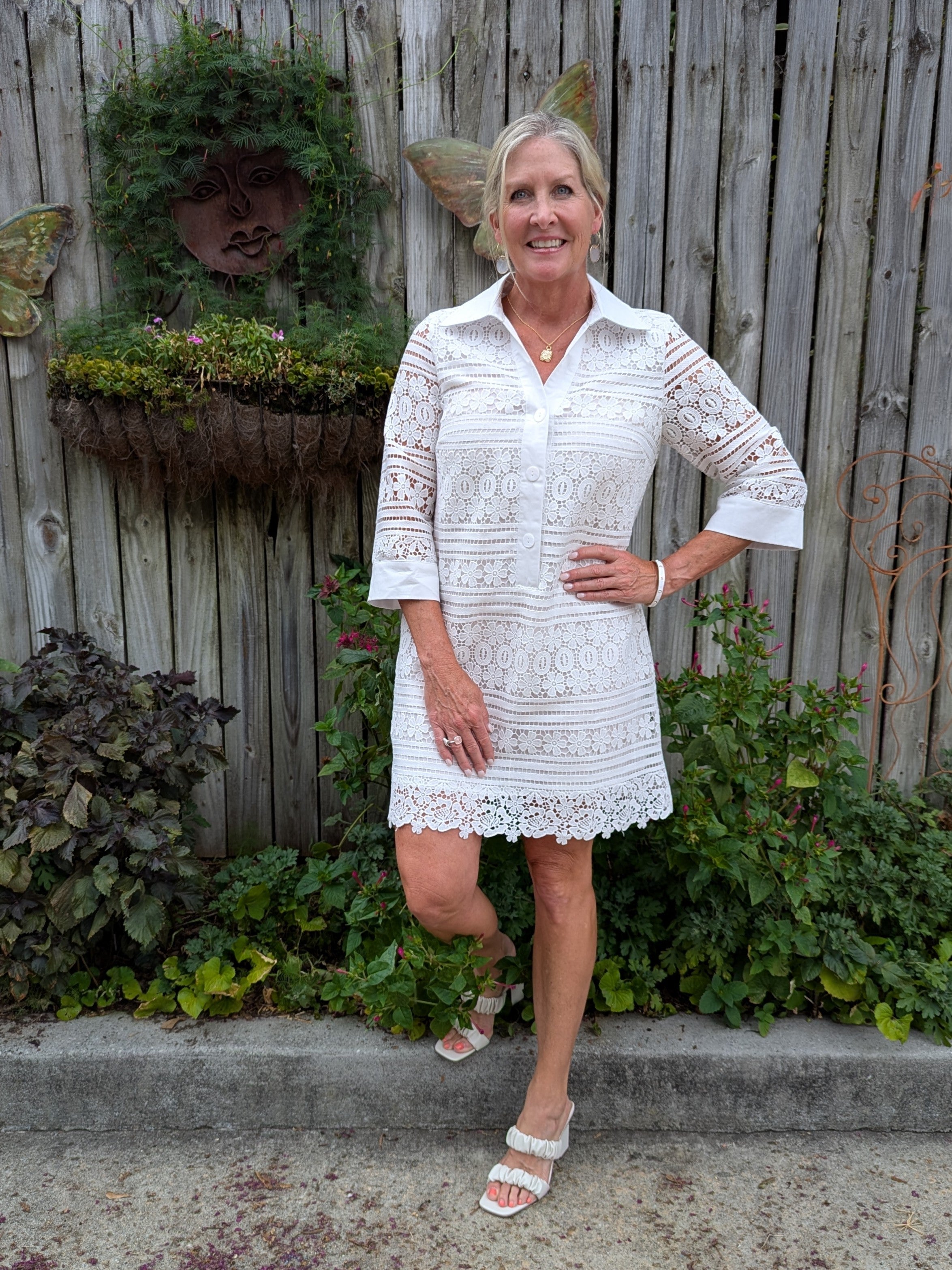 This Crochet Lace Shift Dress is so classic and so beautiful! It's simple with clean lines. The body is full lined and the sleeves are a sheer lace. The hem hits just about the knee and the sleeves are 3/4 length.&nbsp;

Tara is wearing a Small in the dress. She paired it with our lovely First Love Slip On High Heel.

Material: 100% Polyester; Lining: 100% Cotton

Care Instructions: Hand wash separately in cold water, hang to dry