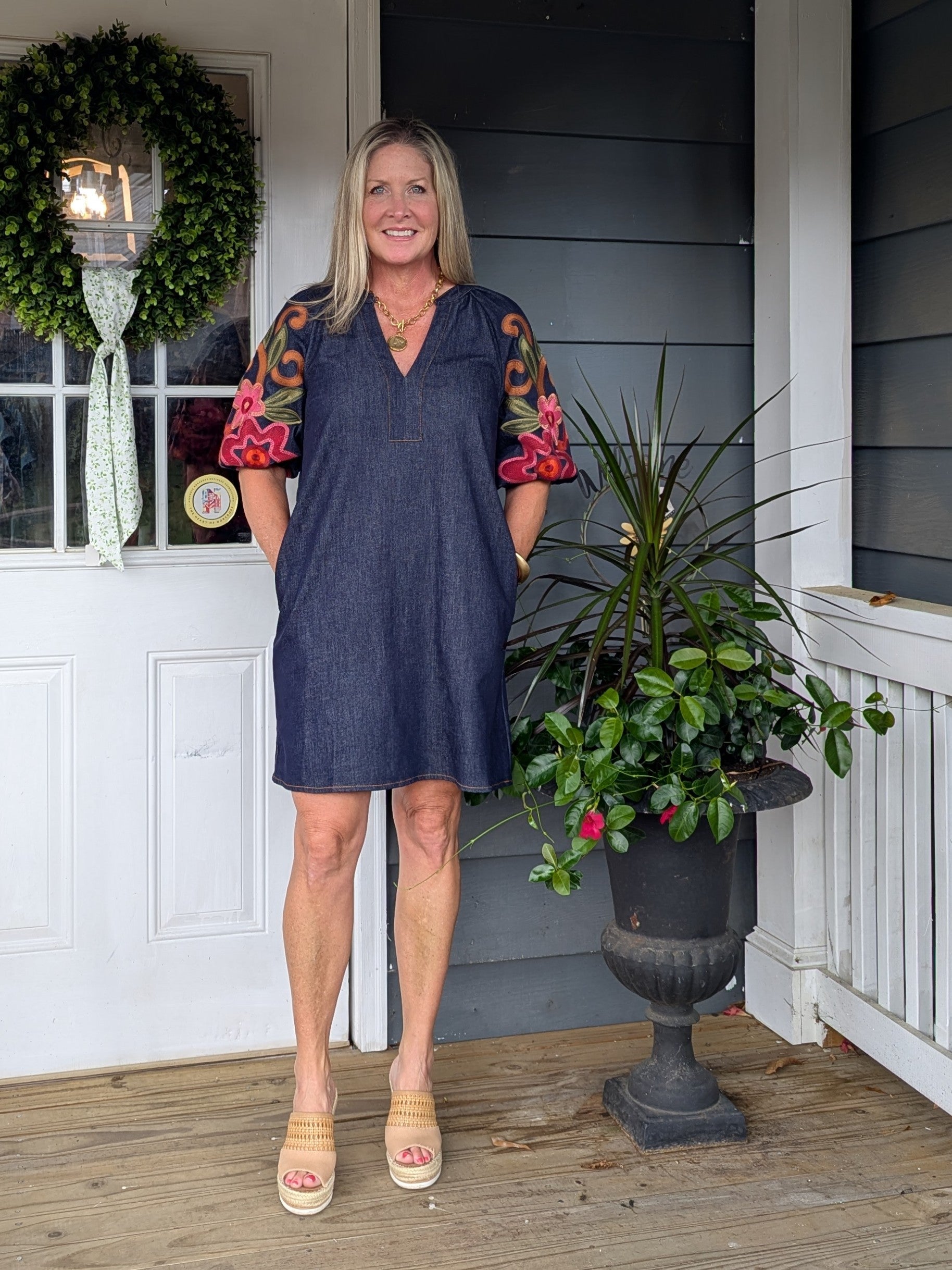 Embroidered Short Sleeve Denim Dress