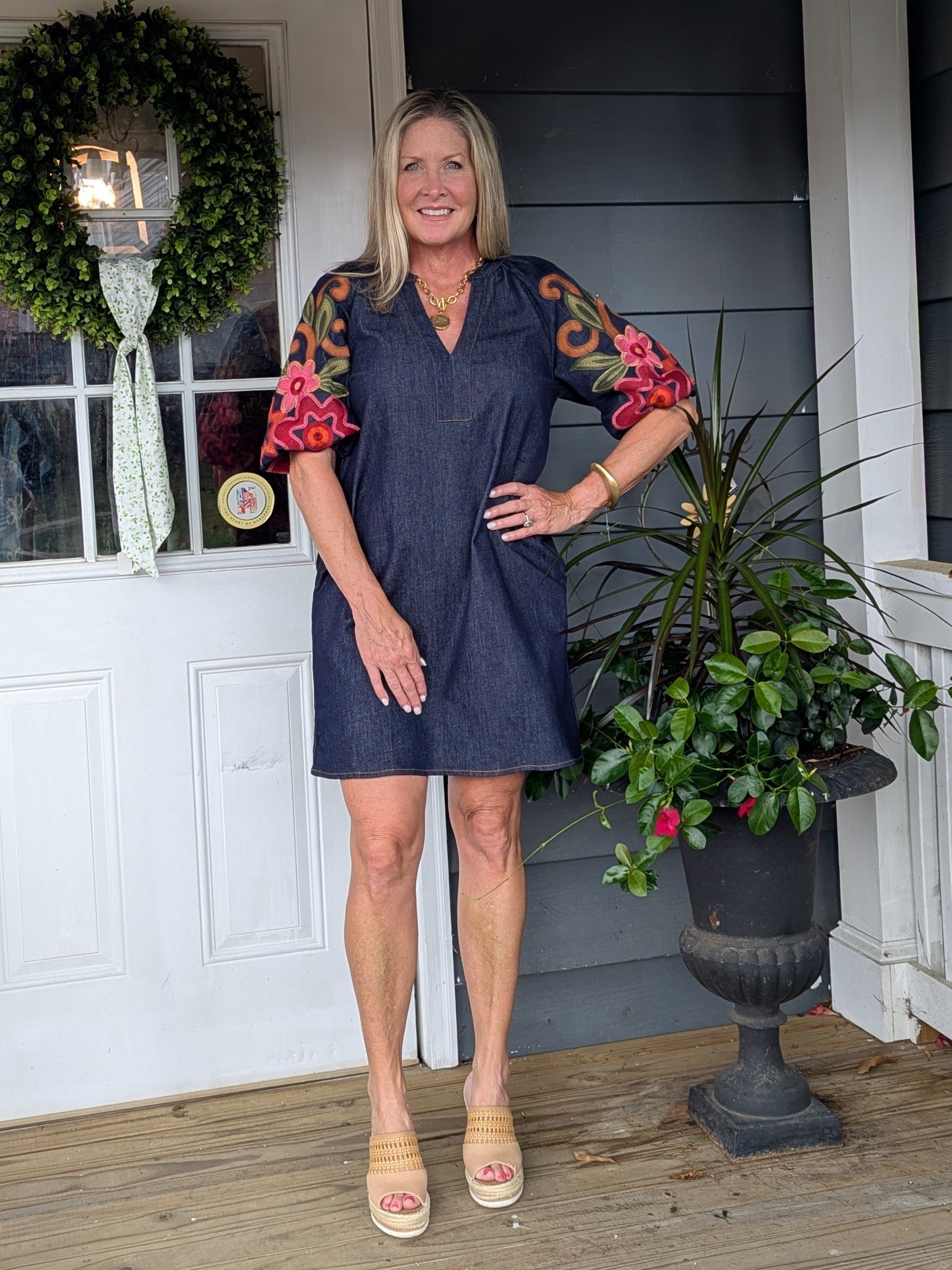 Embroidered Short Sleeve Denim Dress