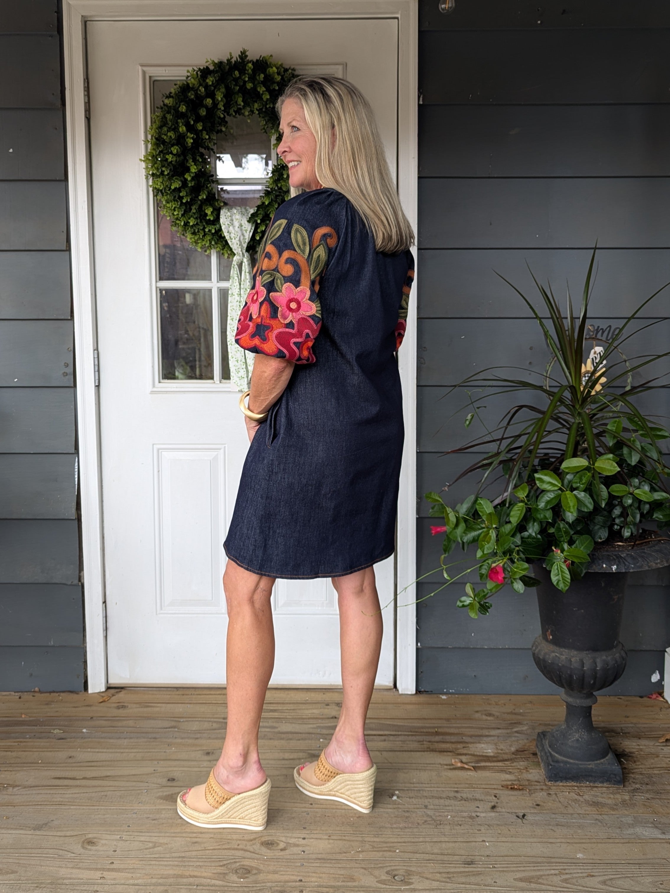 Embroidered Short Sleeve Denim Dress