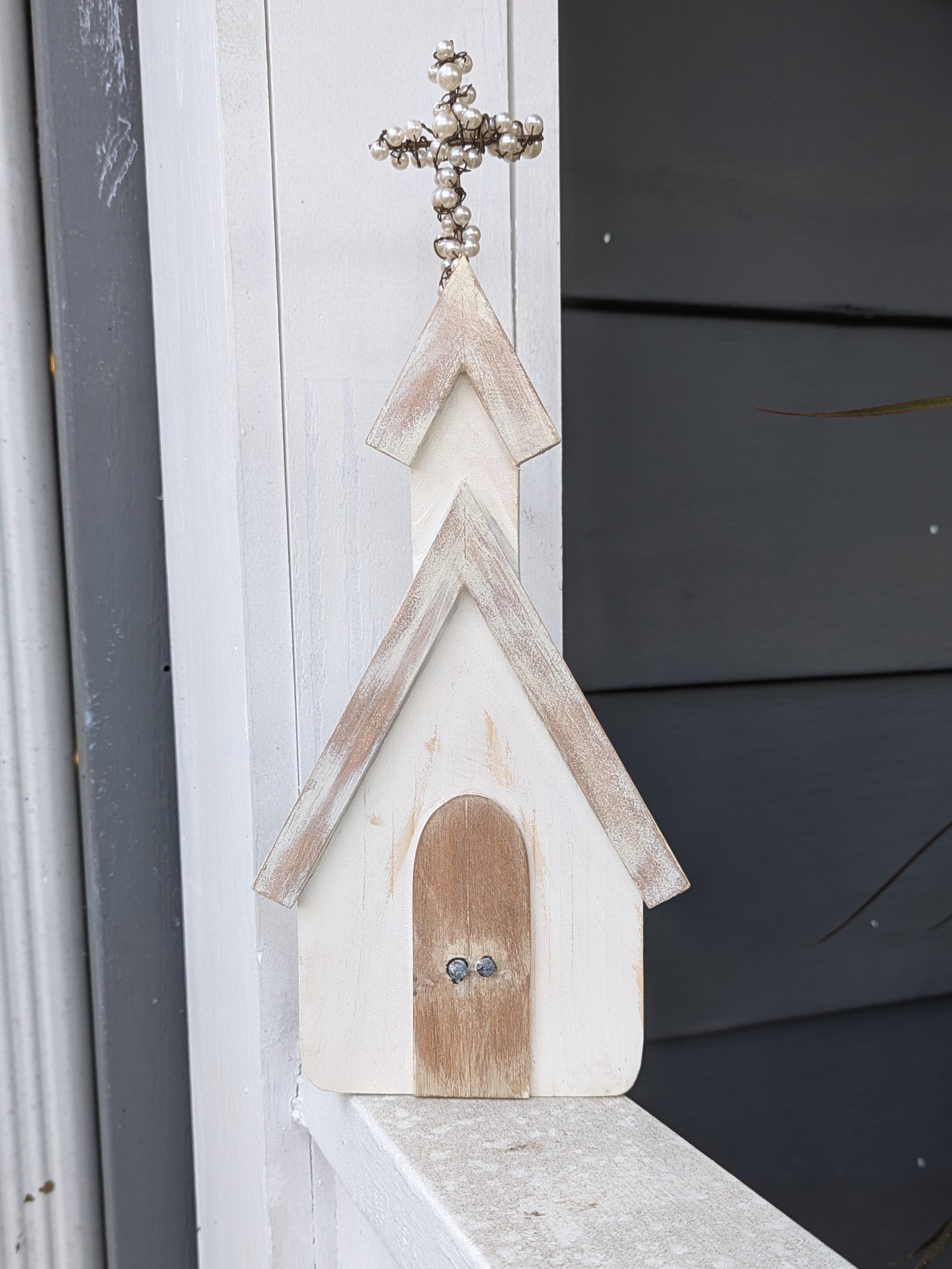 Wood Church with Beaded Cross
