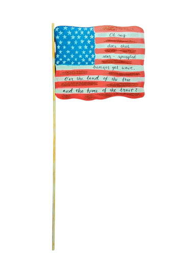 Display your patriotic spirit with this versatile Star Spangled Flag Stake. Crafted from durable metal, this piece works beautifully indoors or outdoors, making it perfect for any space. Stake it in your garden for a bold statement or hang it on your wall for a classic look. Ideal for celebrating American pride year-round or during special occasions. A timeless addition to any patriotic collection.

Dimensions: 10.5" x 8.5"
