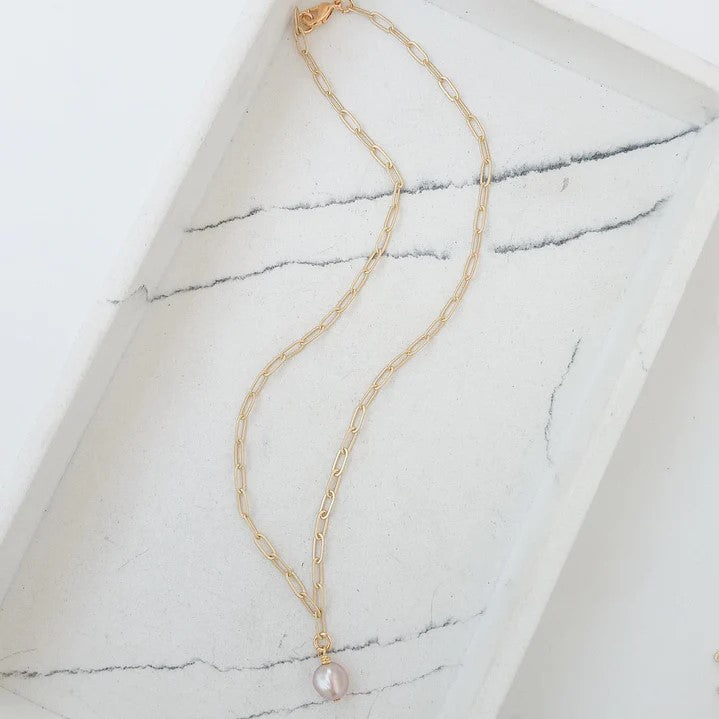 Paperclip Chain Necklace w/ Mini Pearl Pendant