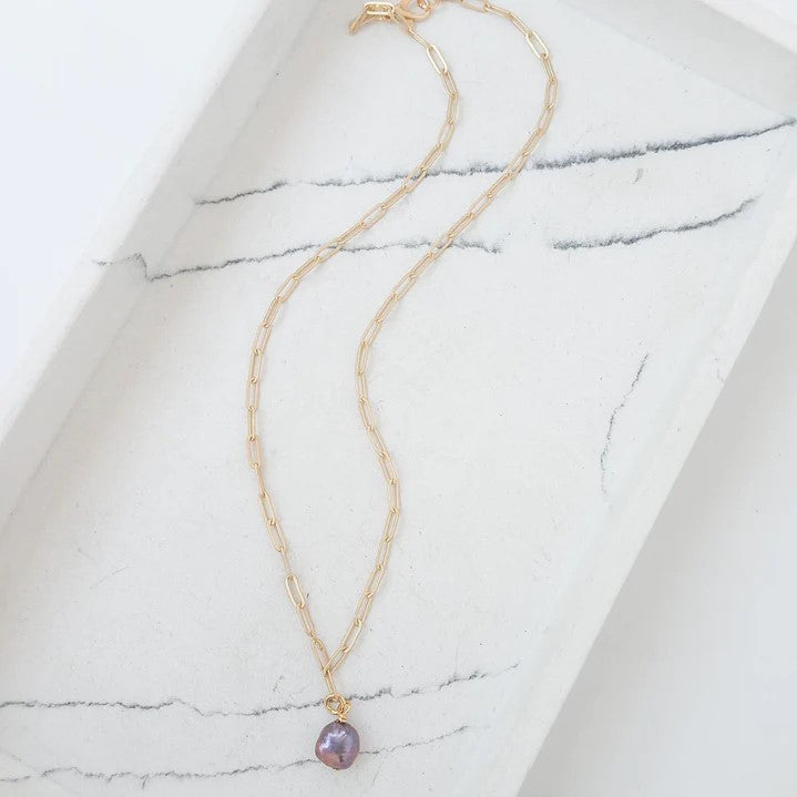 Paperclip Chain Necklace w/ Mini Pearl Pendant