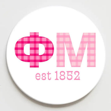Celebrate your sisterhood with this charming 2.25-inch sorority button. Featuring classic gingham print and your sorority letters with established year, this pin-back button is the perfect way to display your pride. An adorable accessory that captures the spirit of sorority life.

This button design is officially licensed with the sorority and comes with holographic license sticker affixed to the back of the button.