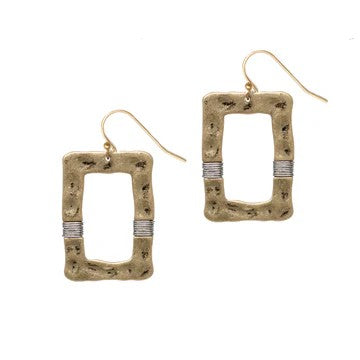 These Hammered Rectangle Wired Earrings are the accessory you've been searching for. With their striking mixed-metal construction and contemporary hammered texture, they effortlessly bridge the gap between casual and dressy styling. The modern rectangular design works with virtually everything in your closet—from weekend basics to evening wear. Perfect for those who want one pair that does it all, these on-trend earrings deliver understated sophistication without compromise.&nbsp;

Size: 2"