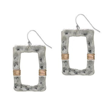 Hammered Mixed Metal Rectangle Wired Earrings