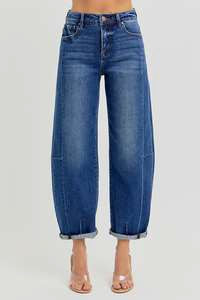 High Rise-Barrel Jeans - Dark