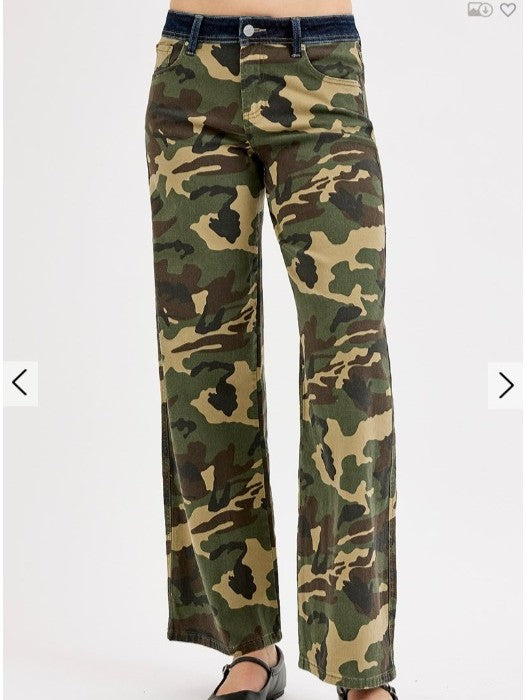 Risen Mid Rise Fit Straight Wide Jeans - Camo