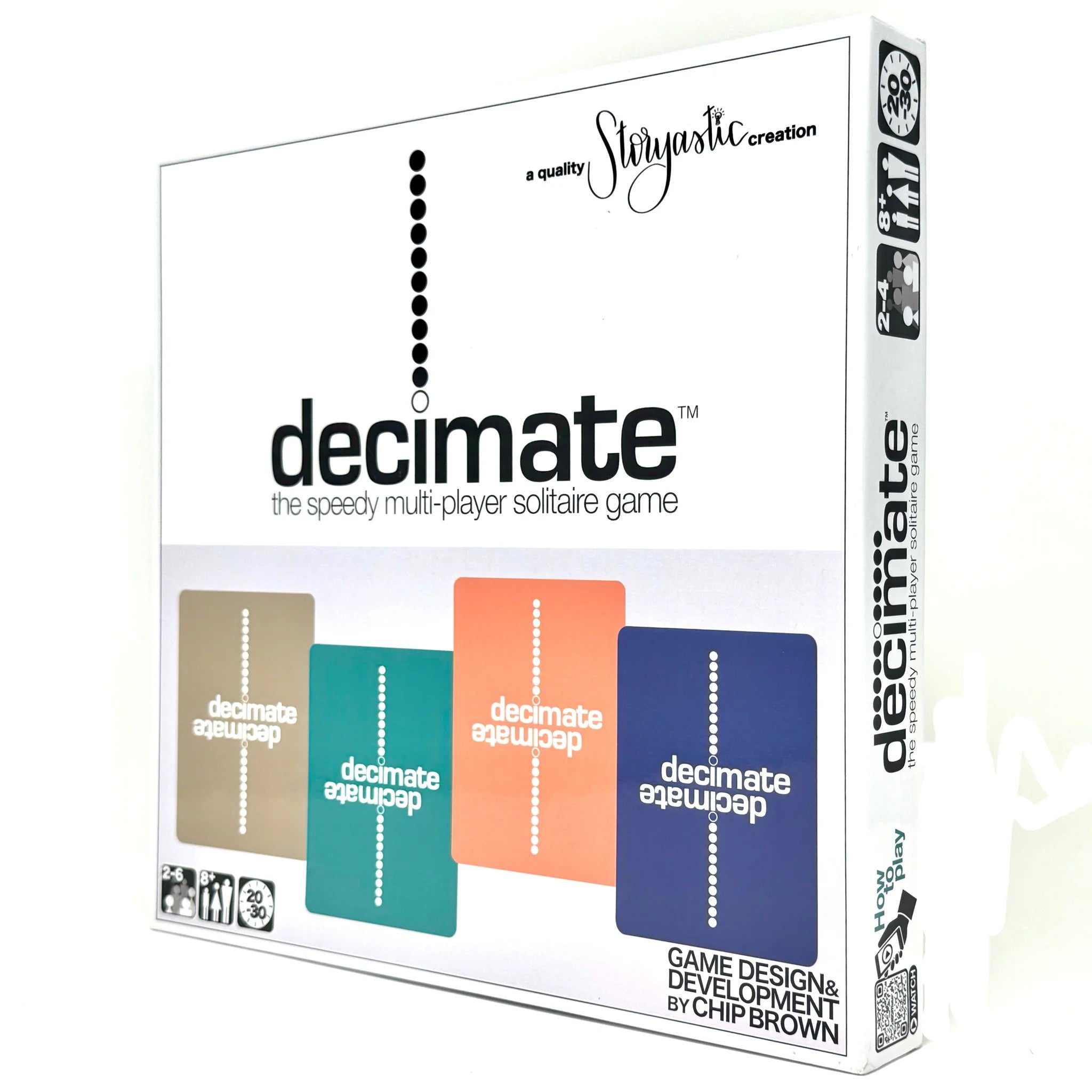 The Speedy Multi-Player Solitaire Game
Learn it quickly. Play it even quicker.&nbsp;
The more you play, the quicker it gets.&nbsp;

With constant, frenetic, fast-paced action, 2-4 players must successfully redistribute their Decimate Pile into the 16 Build Piles of zero-to-10 cards in four colored suits onto the huge 20x20” gameboard.&nbsp;

Any player can also play from any of their four “on-deck” cards as well, all while also trying to track what they’re opponents are playing. Players combine hand-eye coo