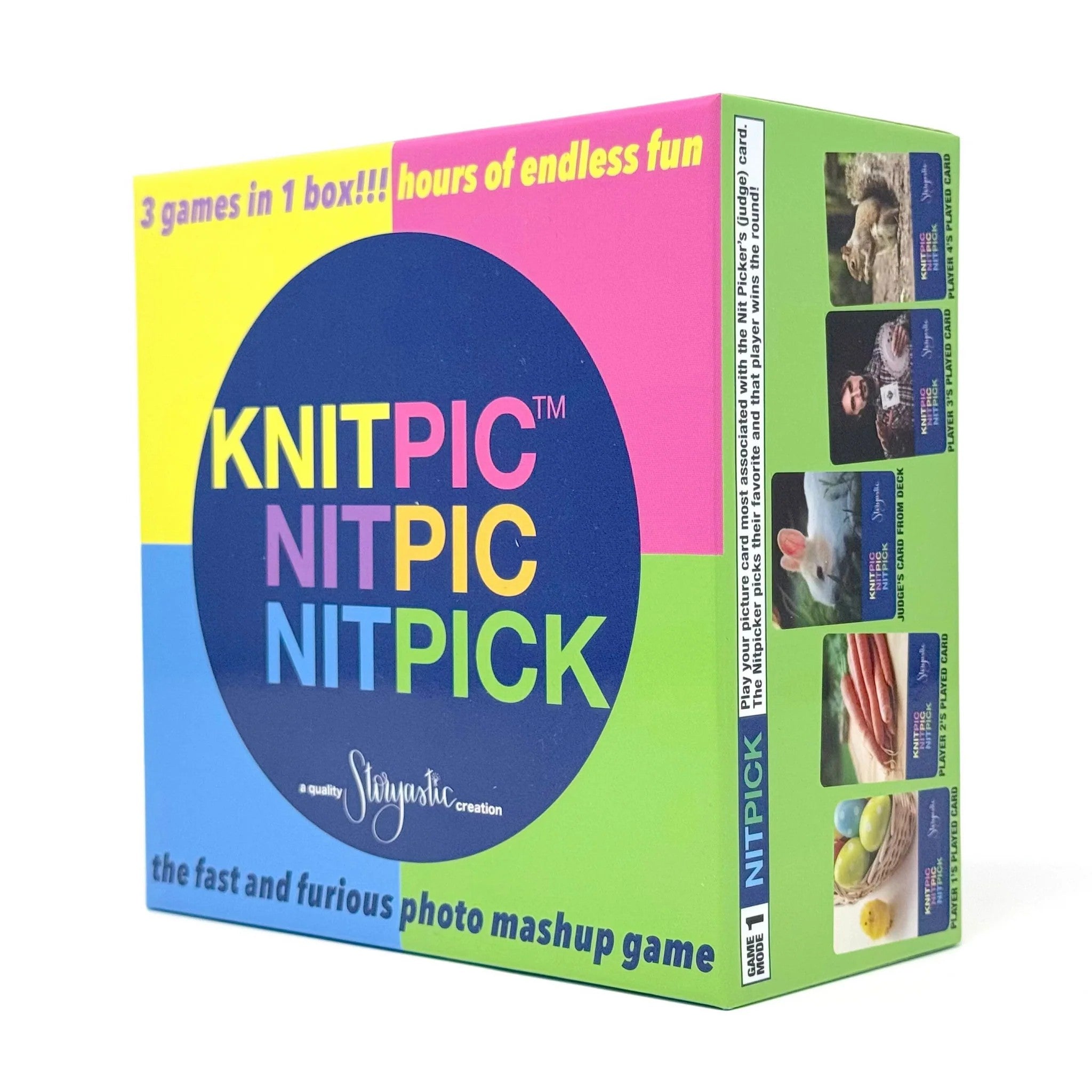 The fast and furious photo mashup game&nbsp;

Players must “knit” pics to other pics in a way that their opponents agree is a good match. Three different game modes gives customers three fun games for the price of one.

(1) NITPICK MODE&nbsp;is an easy Apples-to-Apples-like gameplay where players submit cards to the judge who picks the best match. Play your picture card most associated with the Nit Picker’s (judge) card. The Nitpicker picks their favorite and that player wins the round!

(2) NITPIC MODE&nbs