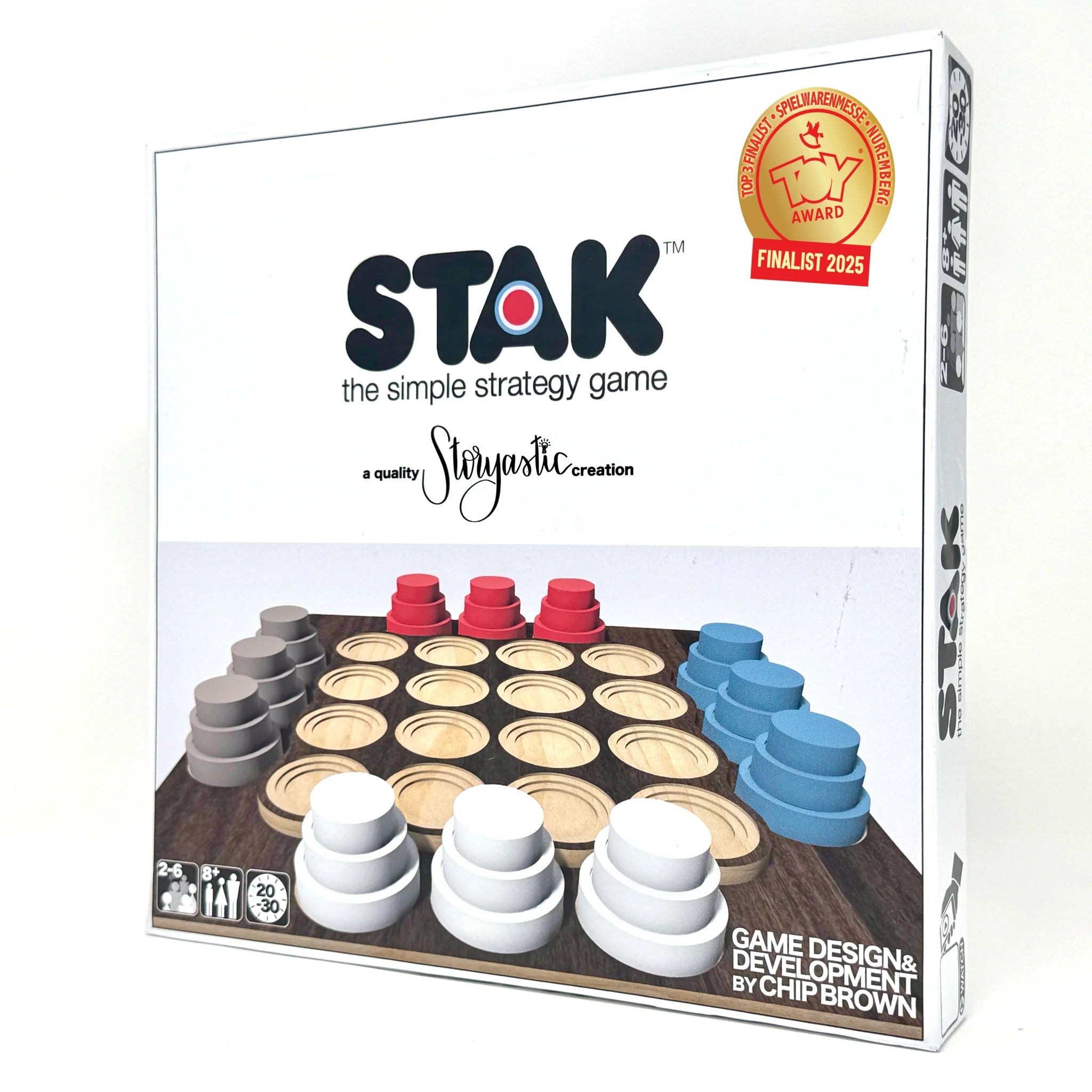 Two to four players balance offense and defense as they seek to line up four of their pieces across in the top position of stacked wooden disks. As simple to learn as tic-tac-toe but requires strategies as complex as three-dimensional chess.&nbsp;

Made of large, colorful, high-quality hardwood components,&nbsp;STAK&nbsp;provides satisfying, tactile interactive gameplay. You'll only take it out of the box once because it's so beautiful you'll want to leave it out on display. Every time the luxurious&nbsp;ST