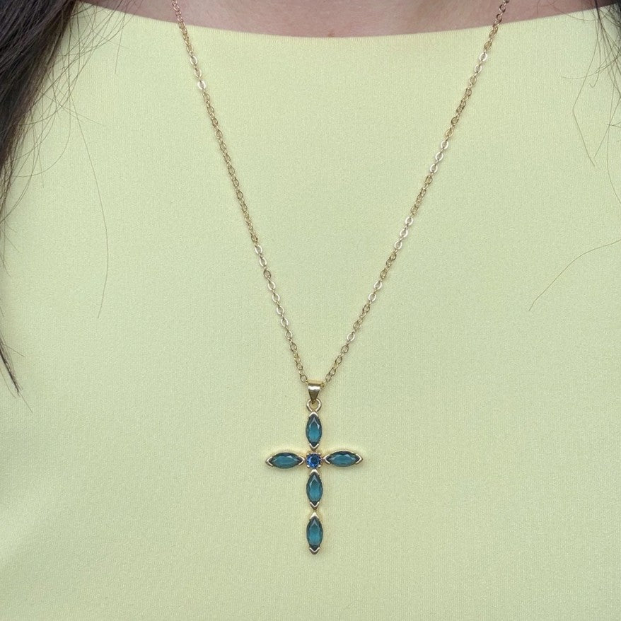 Cubic Zirconia Cross Necklace in Sapphire Blue