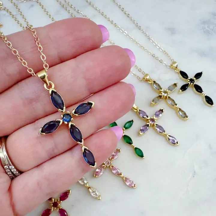Cubic Zirconia Cross Necklace in Sapphire Blue