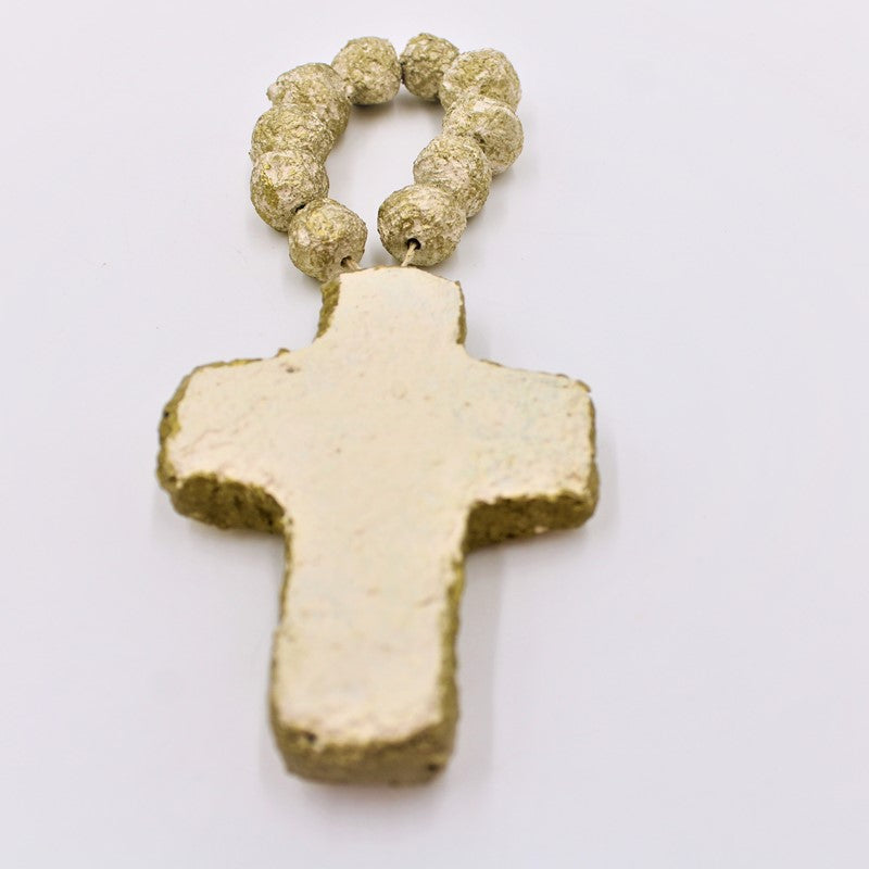 Ivory Paper Pulp Cross Ornament w/ Gold Beads