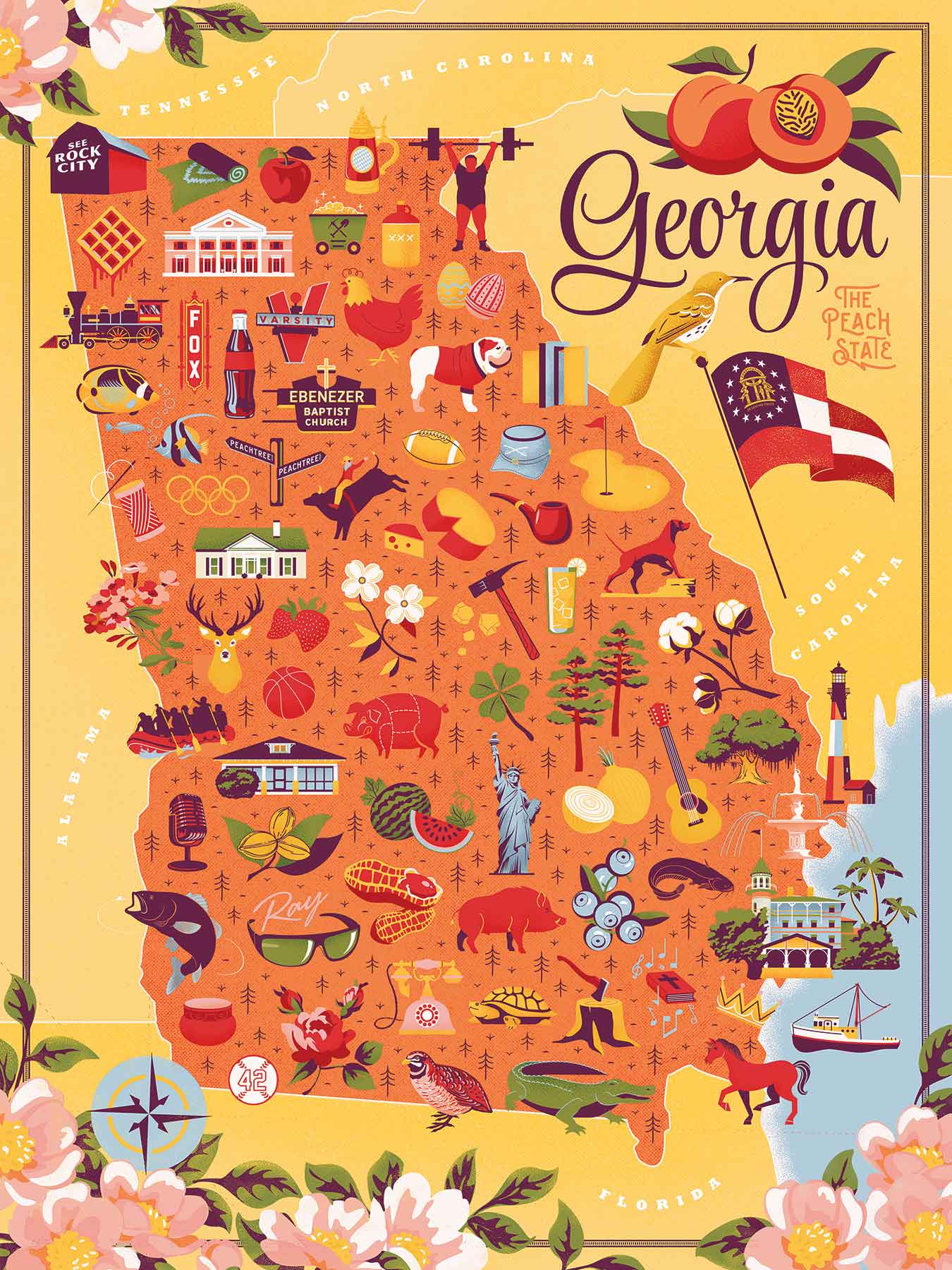 Peaches, peanuts, pecans, oh my! The Empire State of the South is well known for all three and much more. This colorful map by illustrator Ligia Teodosiu shows the diversity of culture throughout the Peach State. So grab a sweet tea and rediscover the South, piece by piece.

True South puzzles are made with 80-point blue board, which creates a thicker puzzle piece with a more solid "hand."
All puzzles are stamped with metal dies made by one of the few artists in the world who creates jigsaw puzzle die maste