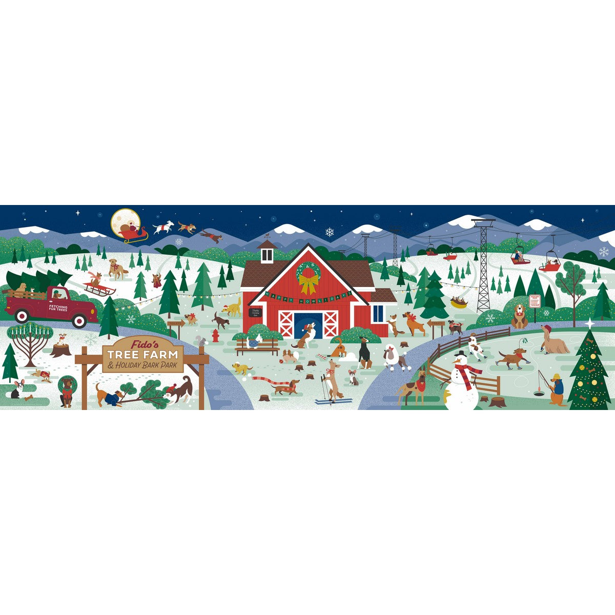 Happy Howliday! Lucie Rice's charming design is full of good dogs waiting for at Fido's Tree Farm. Digging, sledding, barking and strutting pups wander the Holiday Bark Park.

True South puzzles are made with 80-point blue board, which creates a thicker puzzle piece with a more solid "hand."
All puzzles are stamped with metal dies made by one of the few artists in the world who creates jigsaw puzzle die masters by hand.
Puzzle images are created in a collaborative effort between artists and True South to hi