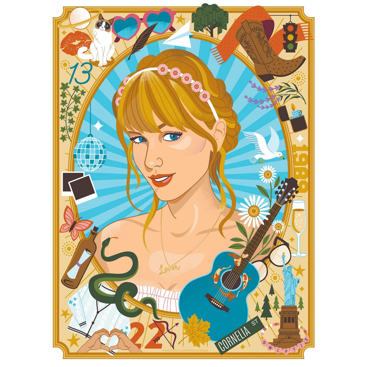 Artist Lucie Rice has captured the current queen of the music scene. Filled with the perfect amount of Swift memorabilia, this delightful puzzle will allow superfan puzzlers to find her furry kitten friend, her missing red scarf and her lucky number. QR code on the box links to the perfect playlist to accompany this fun portrait puzzle.

True South puzzles are made with 80-point blue board, which creates a thicker puzzle piece with a more solid "hand."
All of our puzzles are stamped with metal dies made by 