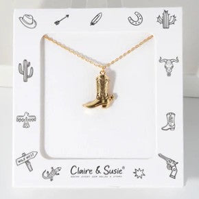 This delicate chain features a charming cowboy boot pendant, perfectly capturing a fun and playful western vibe. It adds a subtle touch of rustic style to any outfit, making it an ideal accessory for those who love a cute, country-inspired look. Wear it daily to showcase your unique western spirit with a light and elegant flair.

Length: 16-18"