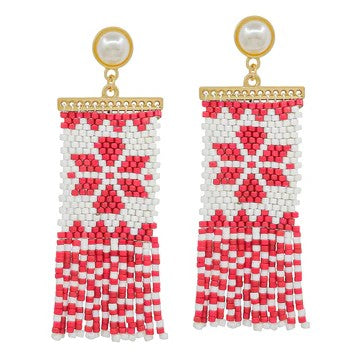 Make a bold statement with these striking red and white seed bead drop earrings. Featuring an eye-catching geometric design crafted from precisely placed beads, these post earrings deliver modern sophistication with timeless appeal. The vibrant color contrast creates instant visual interest, while the lightweight beaded construction ensures all-day comfort. Perfect for elevating casual outfits or adding an artistic touch to your everyday look.&nbsp;

Size: 2.5" Drop