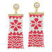 Make a bold statement with these striking red and white seed bead drop earrings. Featuring an eye-catching geometric design crafted from precisely placed beads, these post earrings deliver modern sophistication with timeless appeal. The vibrant color contrast creates instant visual interest, while the lightweight beaded construction ensures all-day comfort. Perfect for elevating casual outfits or adding an artistic touch to your everyday look.&nbsp;

Size: 2.5" Drop