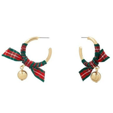 Add a festive touch to your holiday look with the Gold Hoop w/ Red &amp; Green Ribbon Post Earrings. These playful Christmas earrings bring seasonal cheer to any outfit, making them perfect for parties or everyday wear during the holidays. Lightweight and comfortable, they’re designed to spread joy and sparkle wherever you go.

2.0"