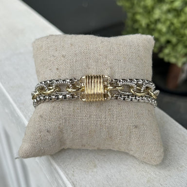 This stunning Mixed Metal Bracelet Set combines three beautifully coordinated strands in mixed metallics, unified by a reliable gold magnet clasp. Designed for versatility, wear the bracelet set solo for refined elegance or layer it with other bracelets for a dramatic impact. The magnetic closure ensures secure, hassle-free fastening while the mixed metal palette adapts effortlessly to any outfit or occasion.

Note: Silver N' Accessories jewelry is brass and stainless steel with rhodium and 18 KT gold plate