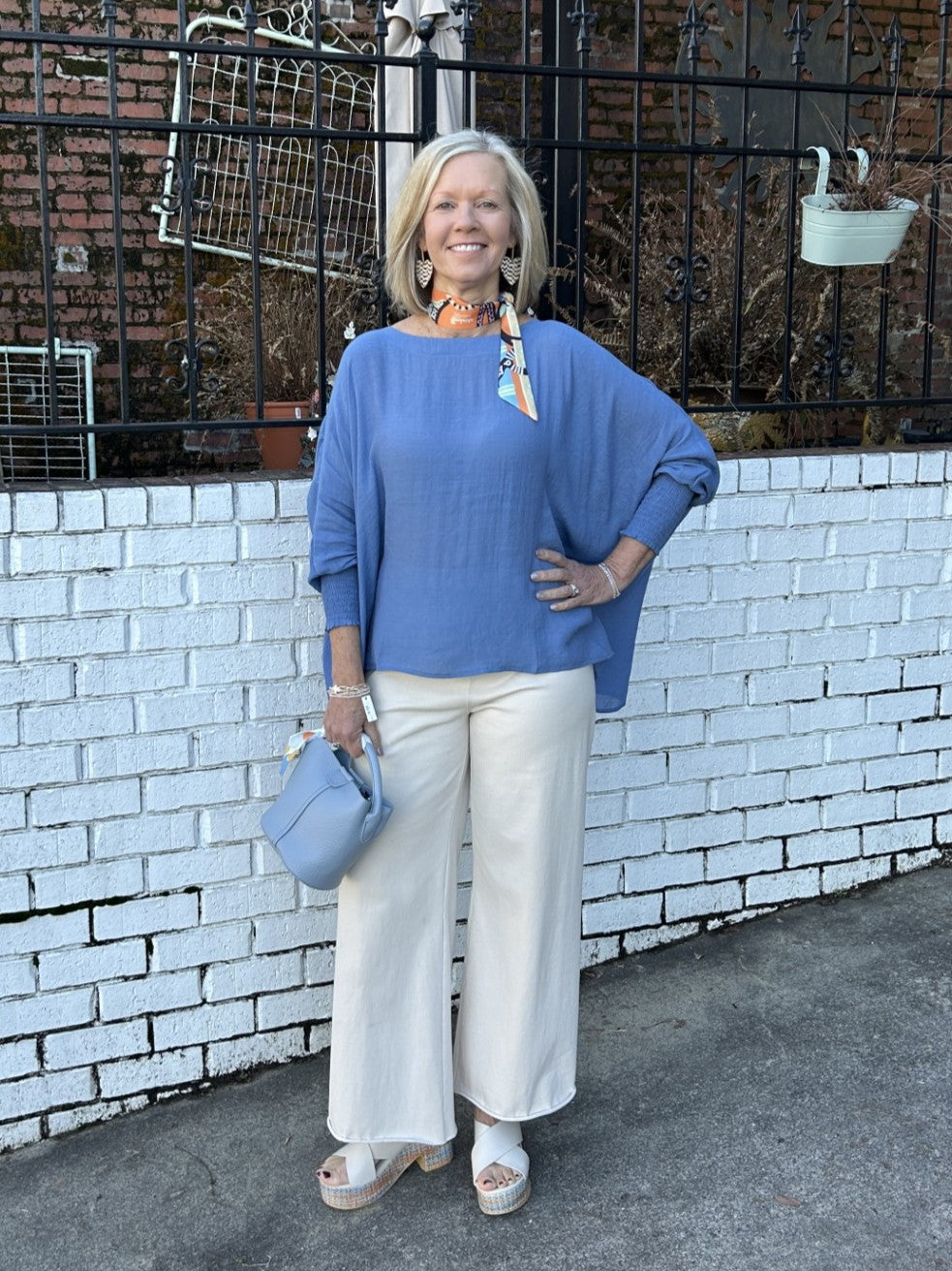 Boat Neck Oversize Top w/ Smocked Cuff Sleeve
