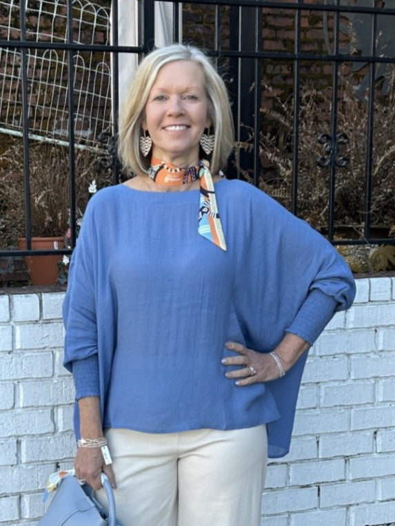 Boat Neck Oversize Top w/ Smocked Cuff Sleeve