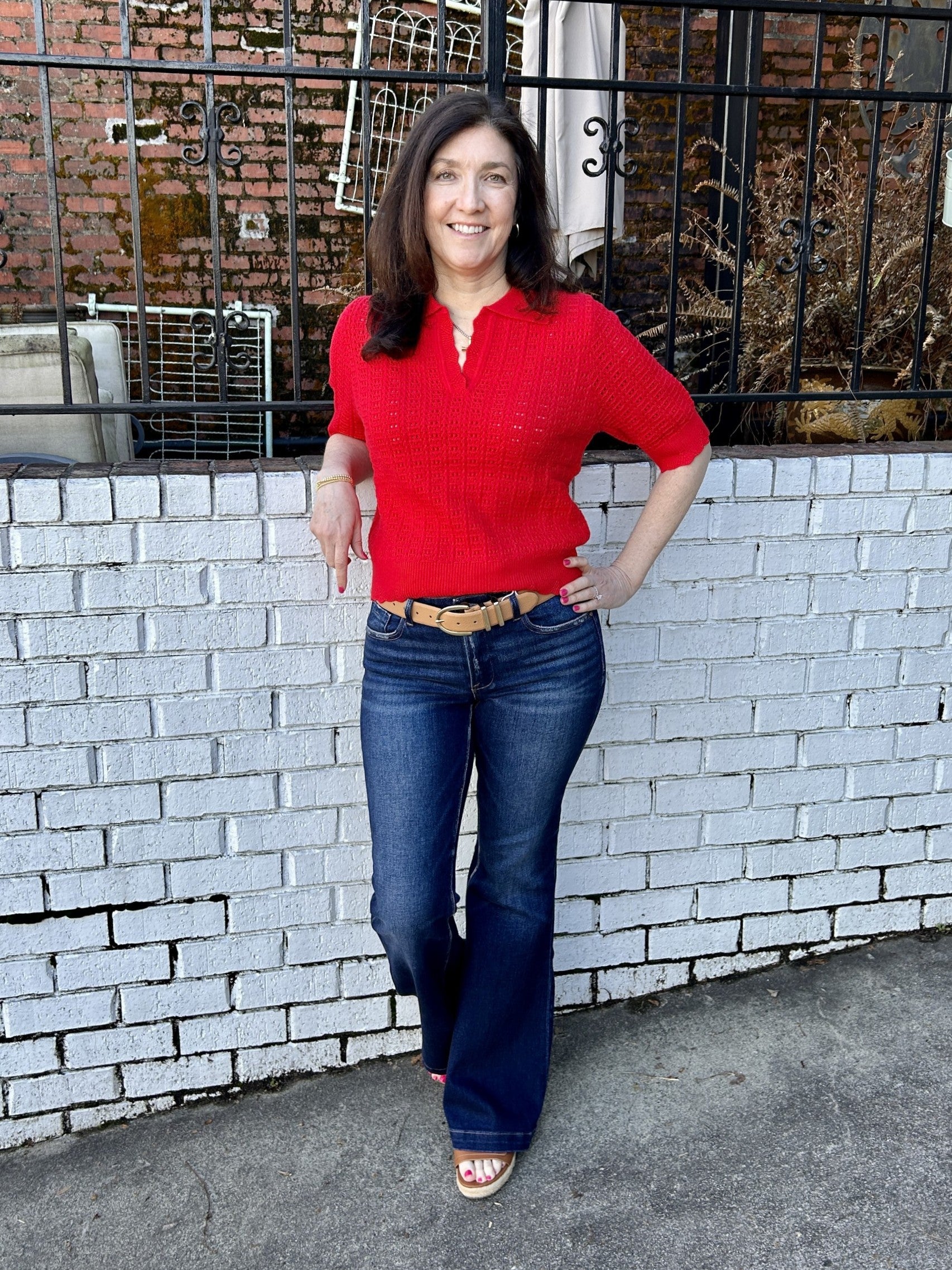 Open Knit Collared Short Sleeve Top/Sweater