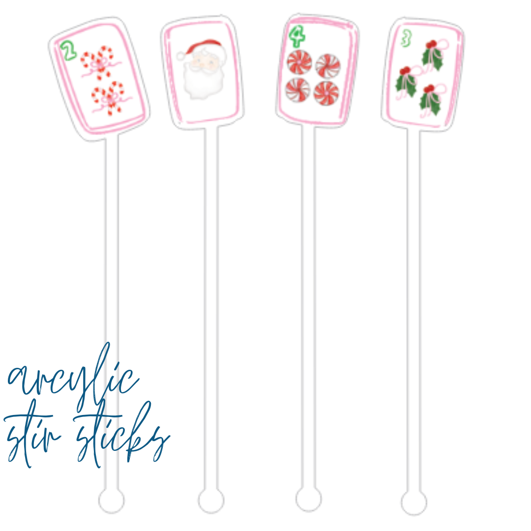 Add a festive flair to your holiday gatherings with this set of 4 Merry Mahjong Christmas Acrylic Stir Sticks. Featuring cheerful Mahjong-inspired designs laser cut from food-safe acrylic, these reusable stir sticks are perfect for cocktails, mocktails, and party punch. They bring holiday charm to any drink and make delightful stocking stuffers or stylish barware accents for your seasonal entertaining.

Details:

Set of 4 reusable stir sticks
Laser cut from food-safe 3mm acrylic
Hand wash only
Not for use i