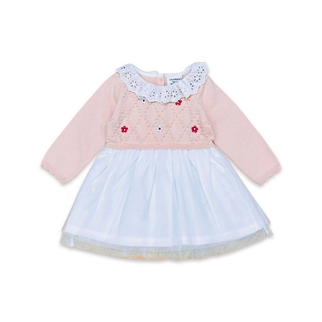 <p>Fall in love with our Floral Embroidered Knit Tutu Dress, made with organic cotton. The long sleeve knit top features stunning floral embroidery and a delicate eyelet collar in white. The 2-tier tutu skirt with voile lining adds a beautiful touch. The dress is so soft and all-season. Your little one will look absolutely adorable in this charming dress!</p> <p>Ethically produced in India, supporting better livelihoods for small grower farmers. 100% Organic Cotton. 