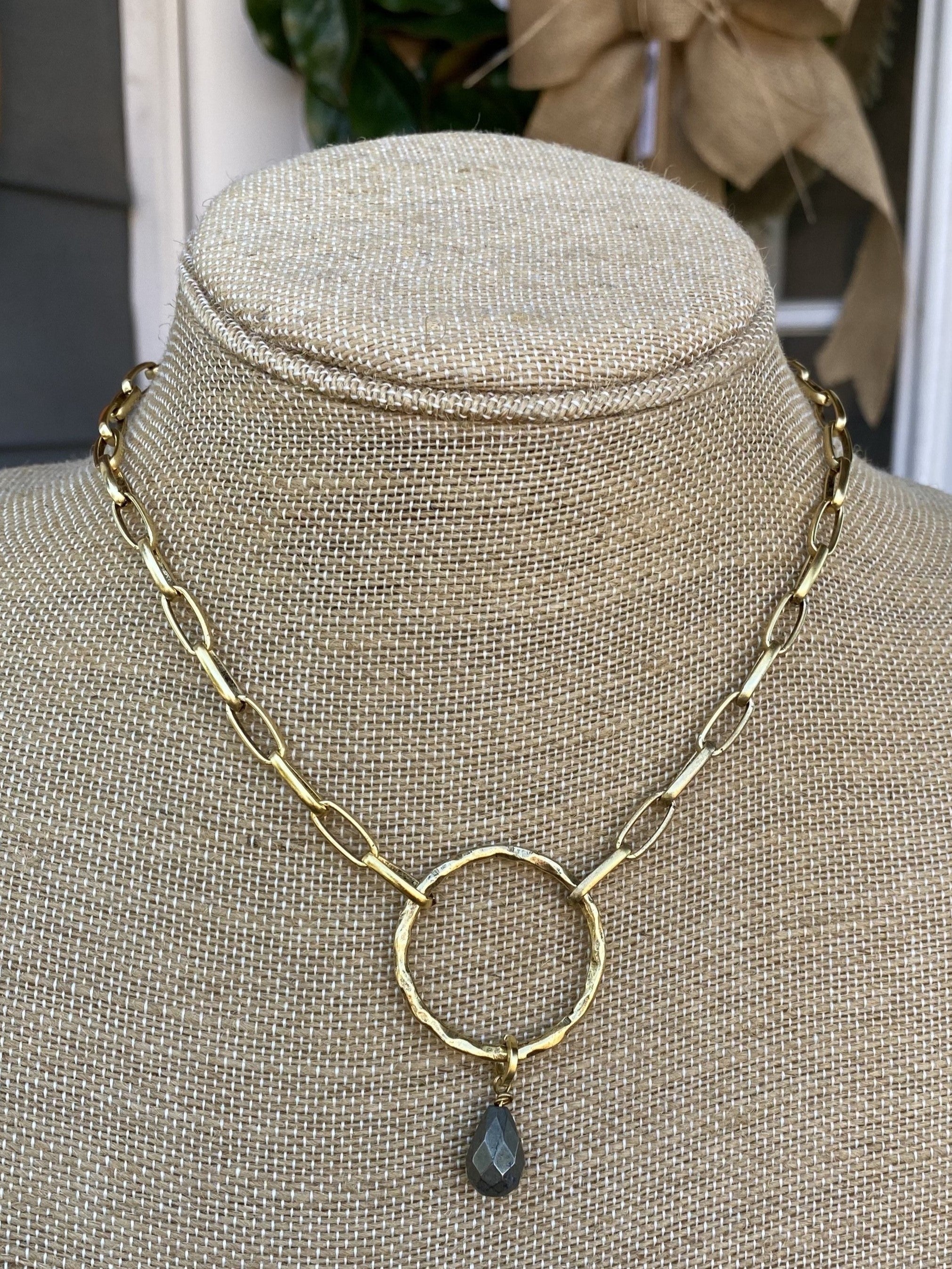 Hammered Gold Circle Necklace with Drop