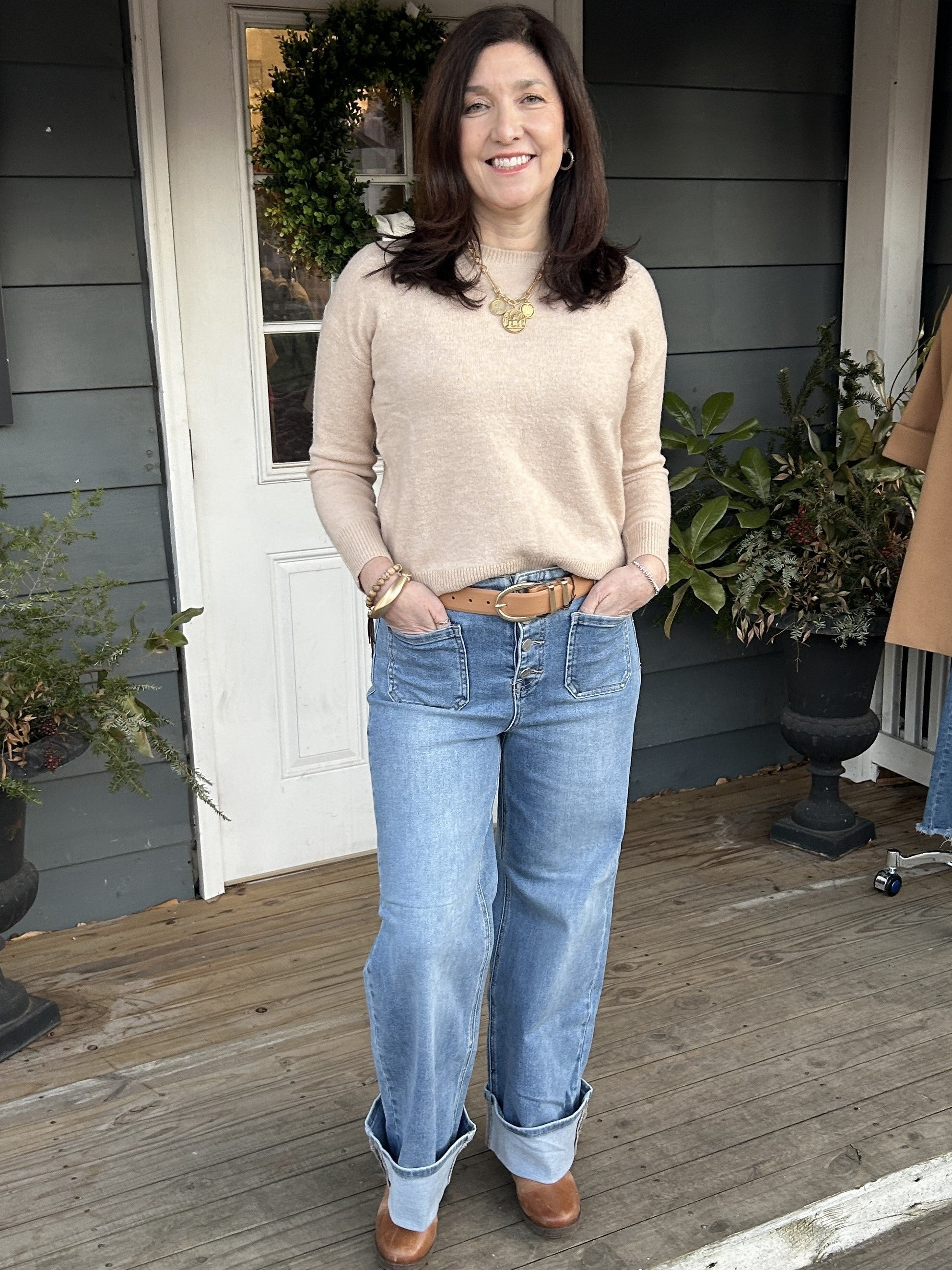 How cute are these high rise Risen jeans with their button fly, accent front pockets and awesome large cuff? They have that Risen stretch which makes them as comfortable as they are cute!

Material: 80% Cotton / 18% Polyester / 2% Spandex

Care Instructions: Machine wash cold, hang to dry