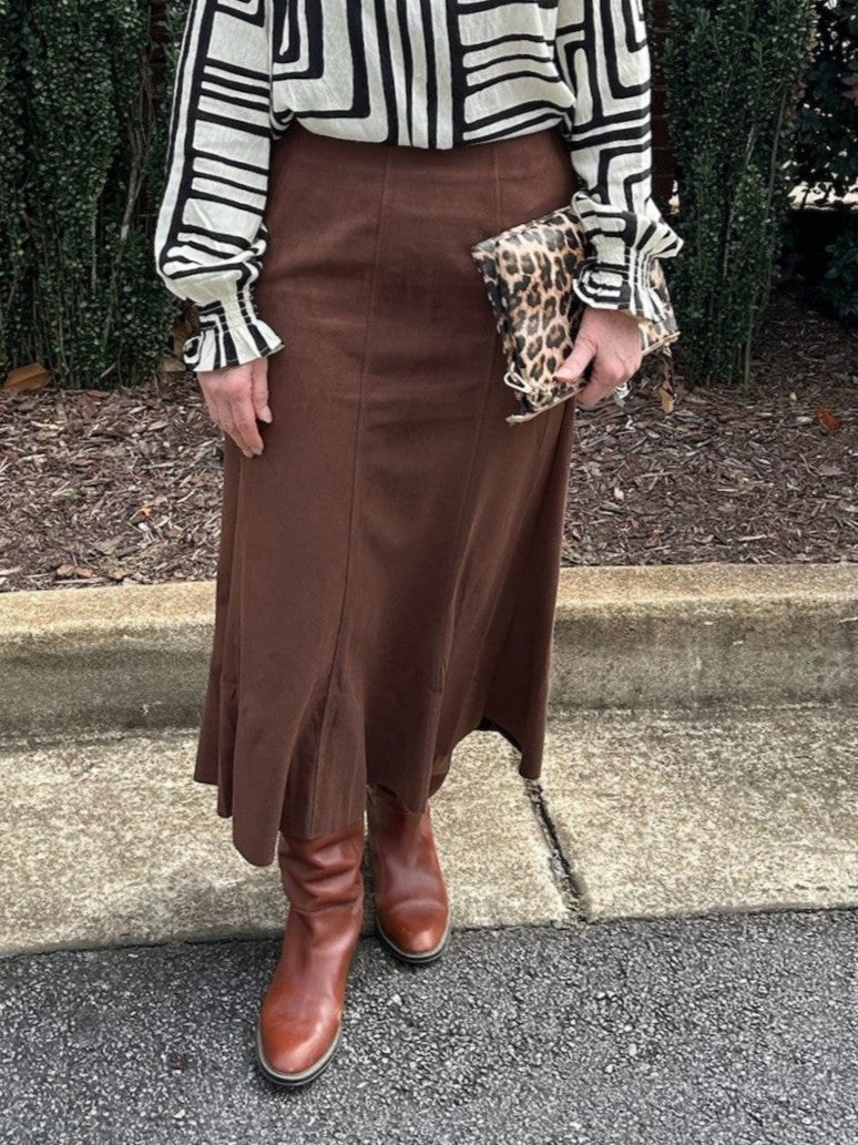 Long Faux Suede Skirt in Brown