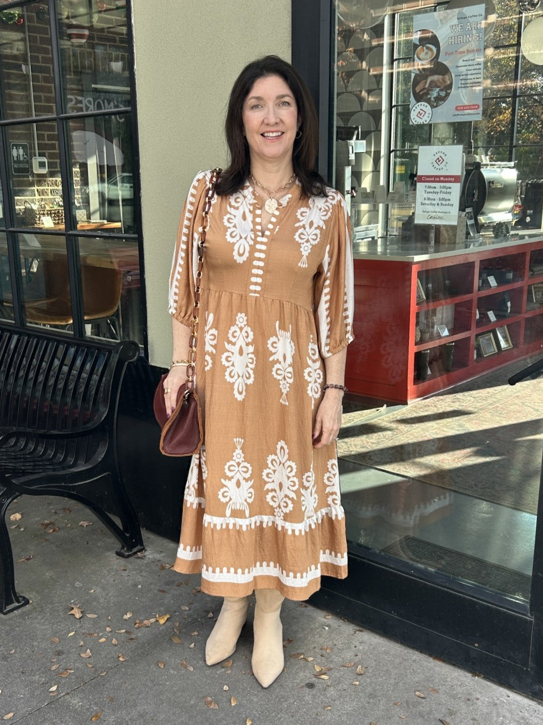 This Two Tone Abstract V-Neck Midi Dress showcases a beautiful mocha/tan color with elegant cream accents. Designed with 3/4 sleeves and a tiered, flowy skirt, it offers a flattering silhouette that effortlessly transitions from day to night. Perfect for any occasion, this dress combines comfort and style.

Material: 90% Viscose / 10% Nylon

Care Instructions: Hand wash cold, hang to dry