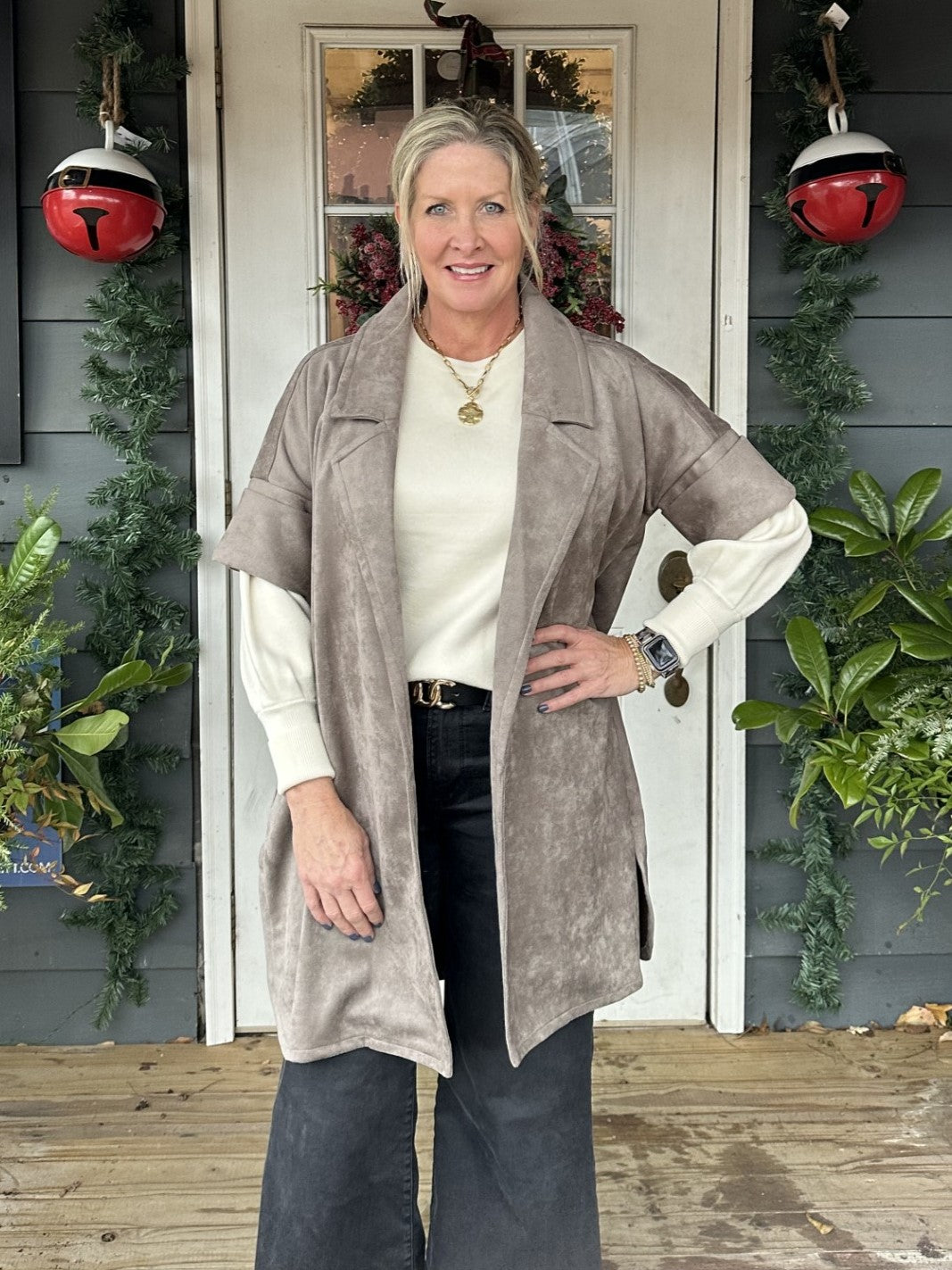 Short Sleeve Long Faux Suede Jacket