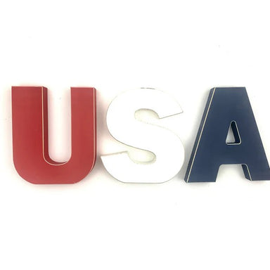Display your affection with this patriotic wooden "USA" letters. Each letter stands a commanding 9 inches tall in eye-catching vibrant red, white &amp; blue, crafted with substantial thickness to stand proudly on its own. Whether arranged on a tabletop, mantel, or shelf, this decorative piece instantly transforms any space.