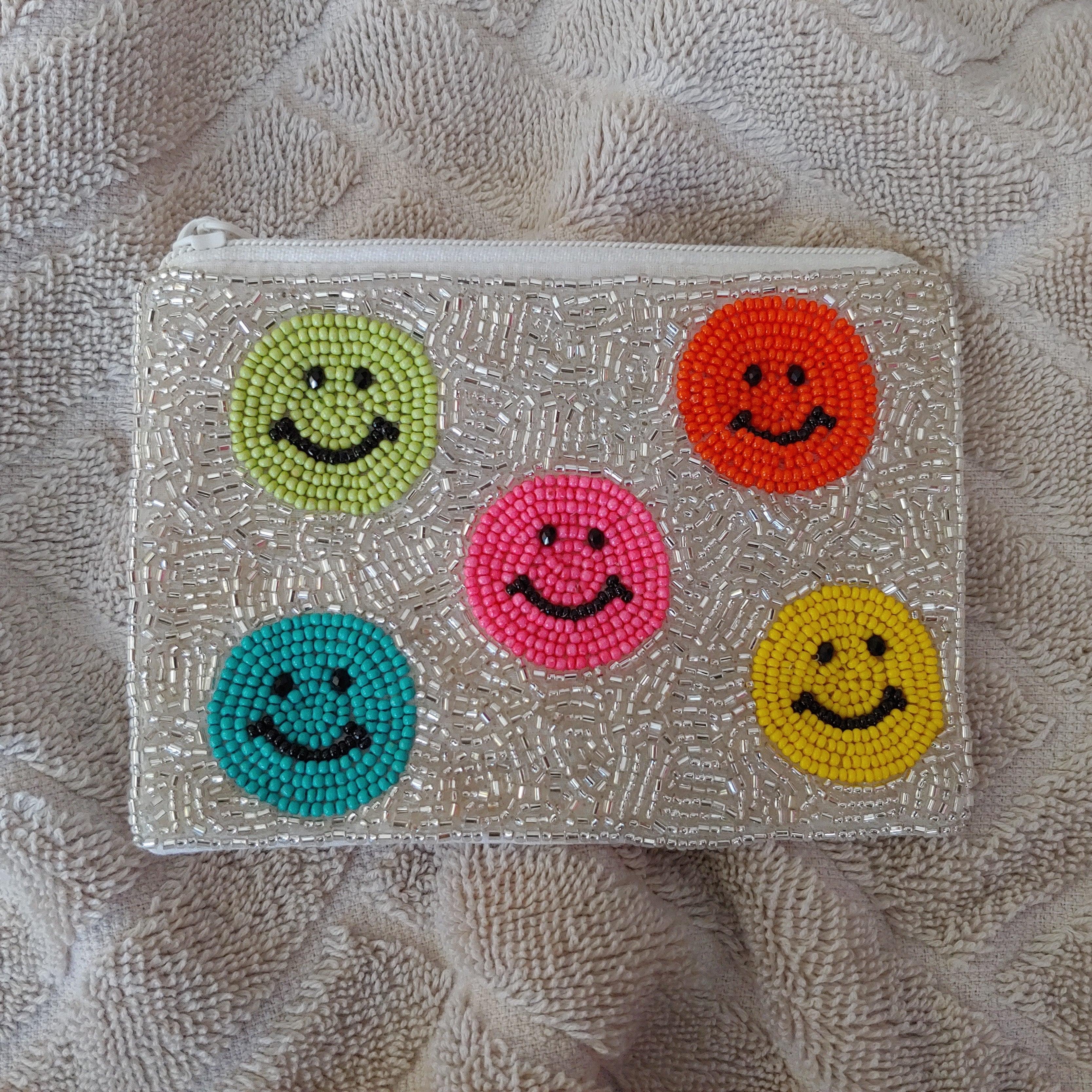 Smiley Faces Multi Colors: Silver Background: Beaded Pouches / Change Purses