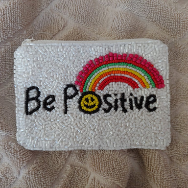 "Be Positive" Rainbow: White Background: Beaded Pouches / Change Purses