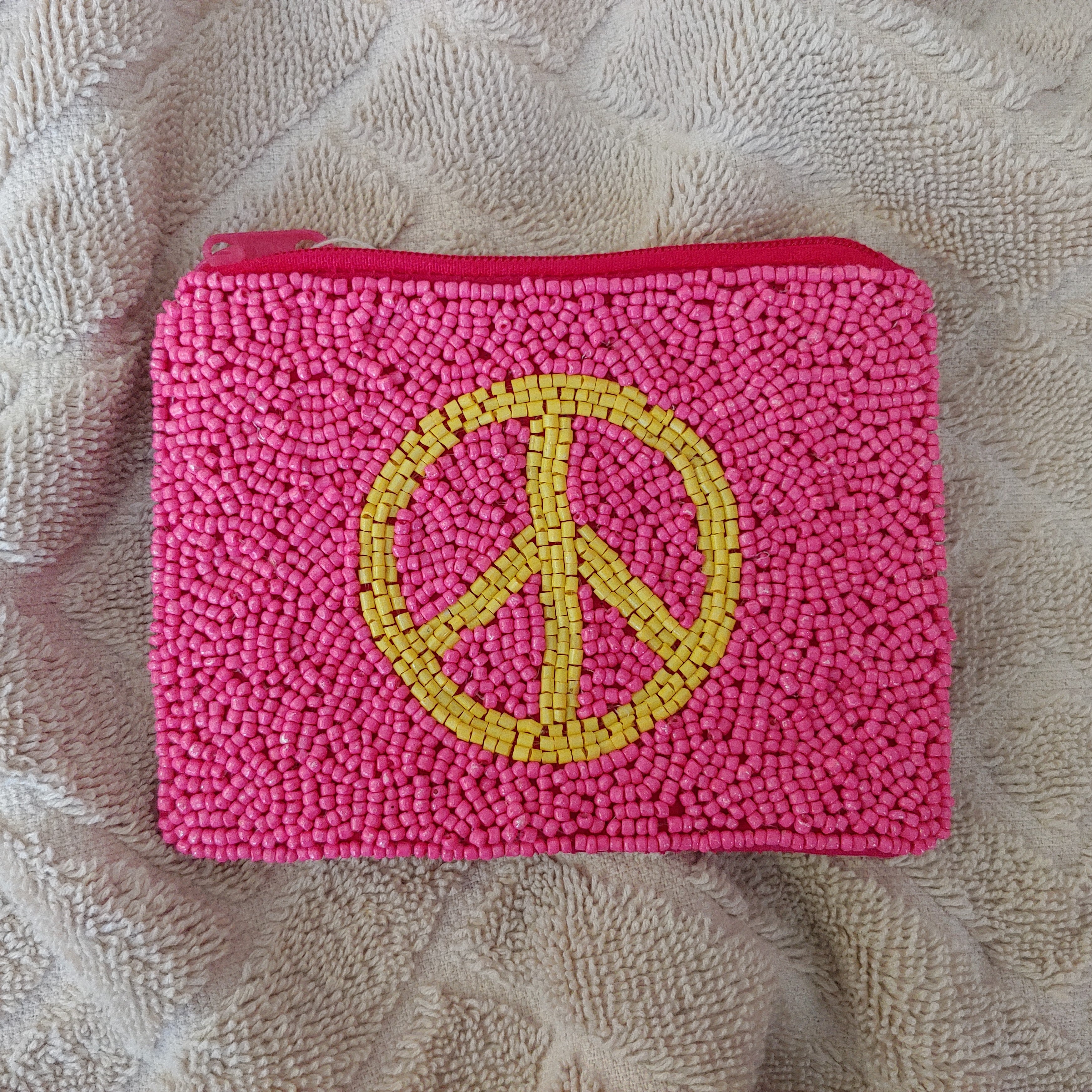Peace Sign (Yellow): Pink Background: Beaded Pouches / Change Purses