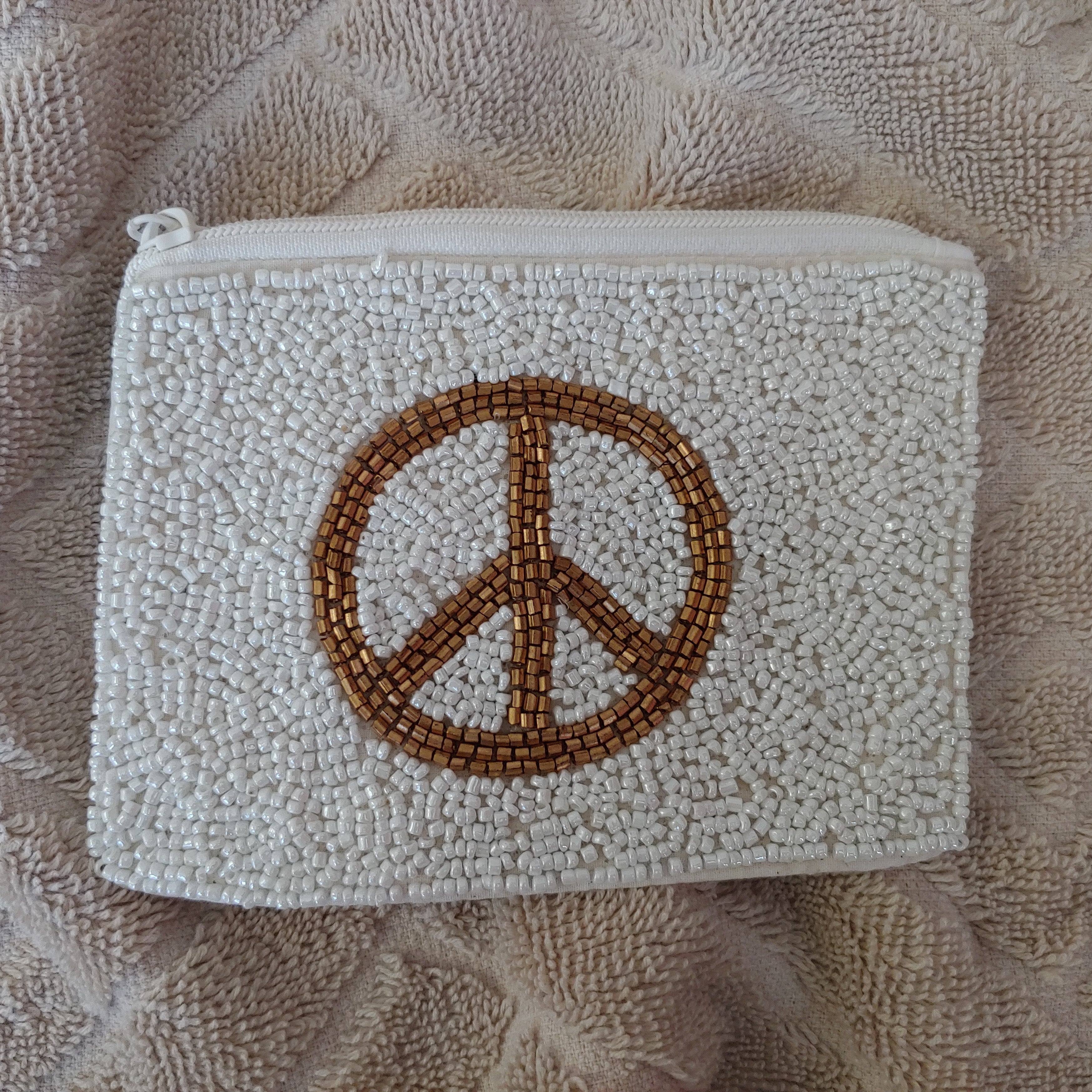 Peace Sign (Gold): White Background: Beaded Pouches / Change Purses
