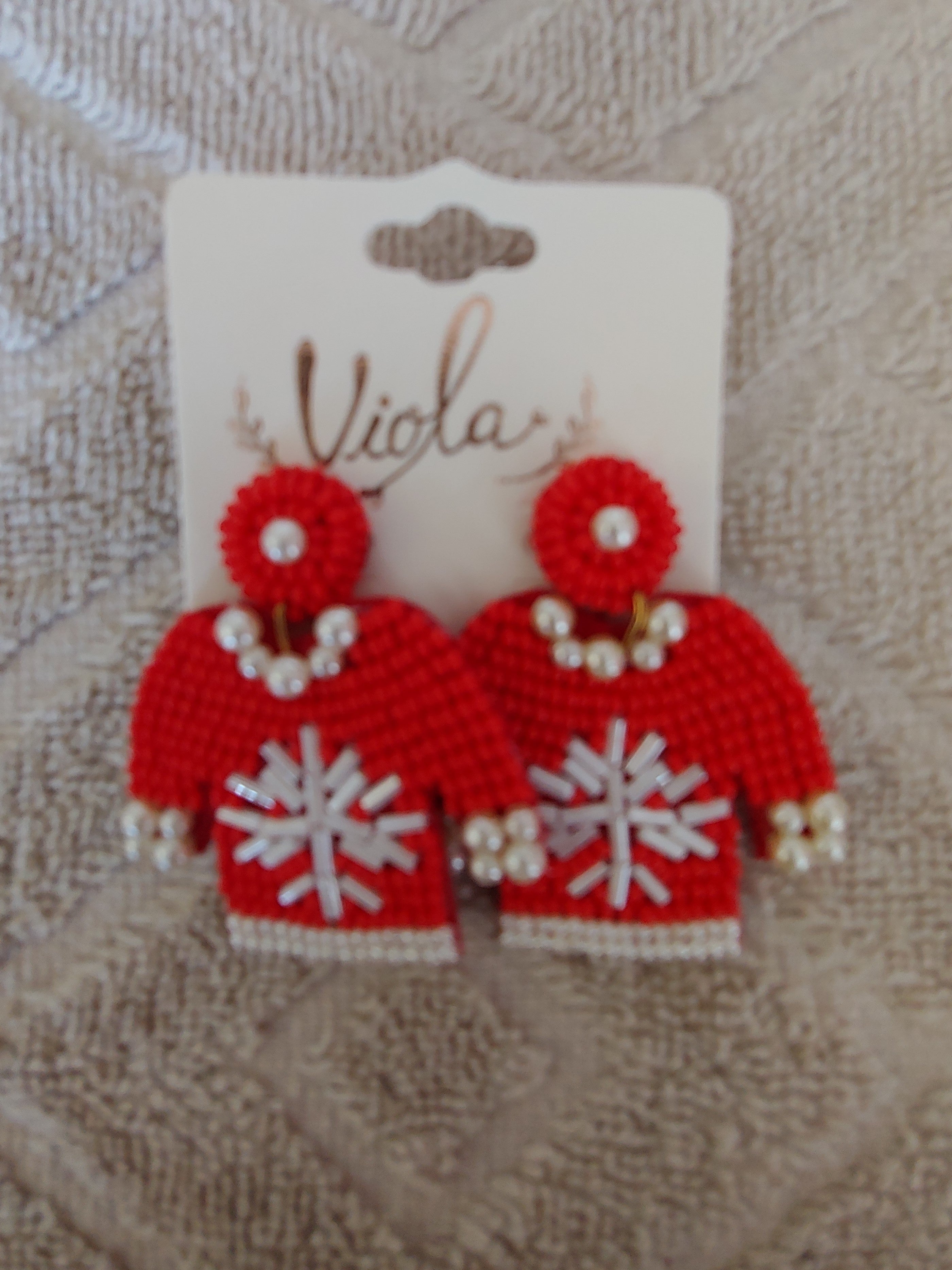 Ugly Red Sweater with Snowflake Beaded Earrings