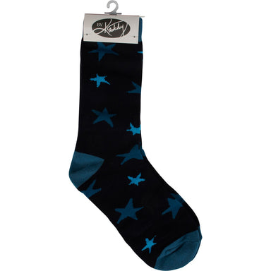 Colorfully printed socks lending a "star" graphic. These are navy with shades of blue stars. Cotton, nylon, spandex. One size fits most.