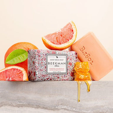 You'll love this delicious smelling, rich lathering goat milk soap! Made of goat milk, grapefruit, and exfoliating guava leaf, combined to create a soap that's soft in texture and brightly scented, giving your skin a natural glow.  Full-sized bar soaps are 9 oz. and will last about 2 months.  Who doesn't love the smell of grapefruit in the morning? With the combination of goat milk and guava leaf, the lather will wake both your mind and body. 